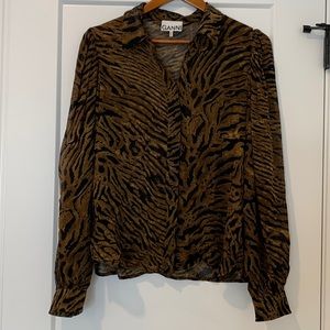 Ganni Georgette Tiger Print Button Down Blouse